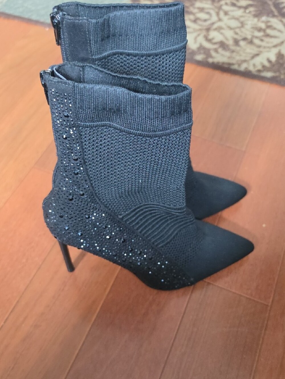 Rouge Helium Black Knit Pointed Toe Sock Booties with Side Rhinestones